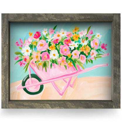 Pink Flower Wheelbarrow real wood framed print, rustic brown frame