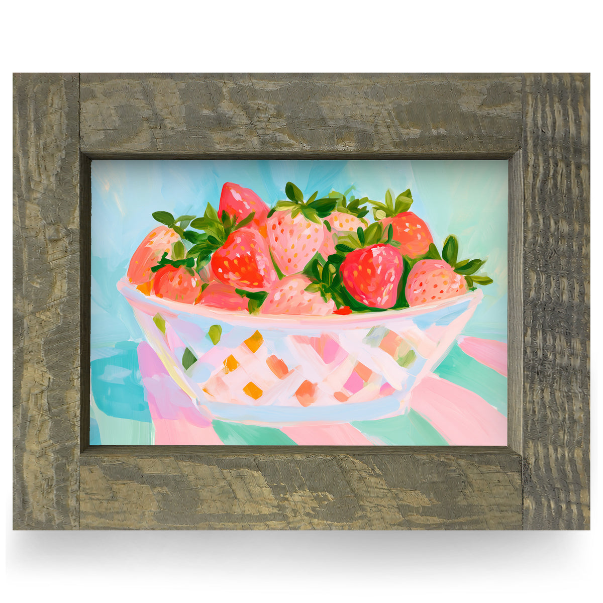 Bowl Of Strawberries real wood framed print, rustic brown frame