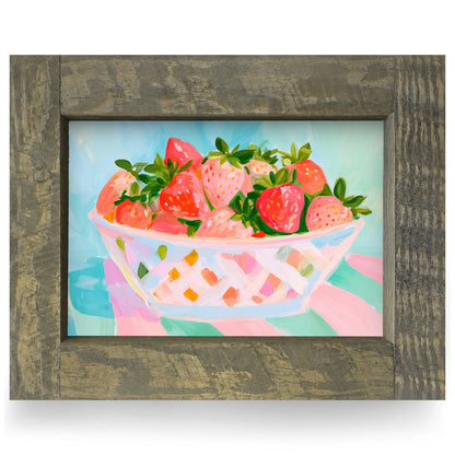 Bowl Of Strawberries real wood framed print, rustic brown frame