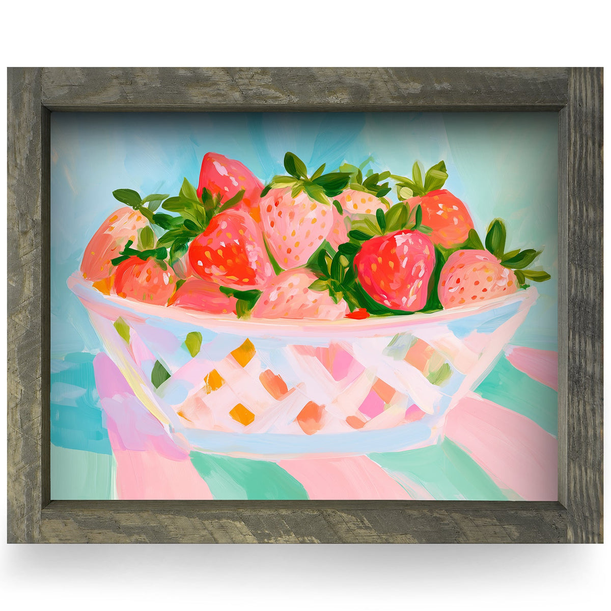 Bowl Of Strawberries real wood framed print, rustic brown frame