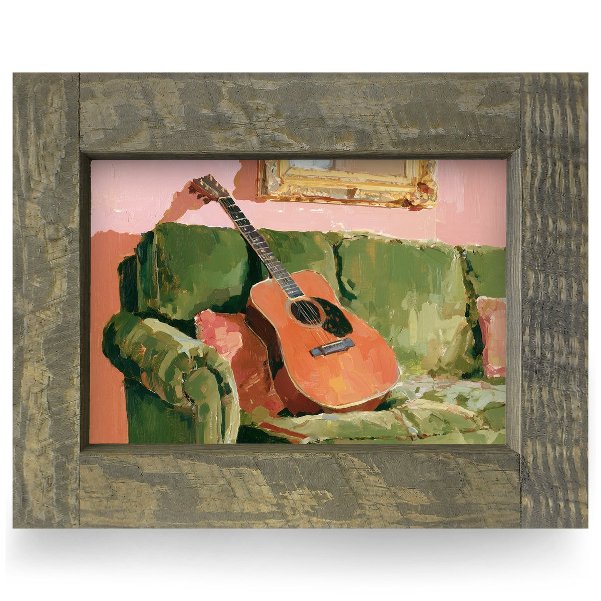 Guitar on the Green Sofa | Real Wood Framed Wall Art Print
