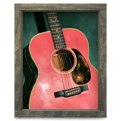 Pink Acoustic Guitar | Real Wood Framed Wall Art Print