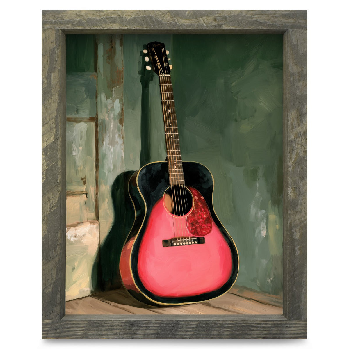 Pink Guitar in the Corner | Real Wood Framed Wall Art Print