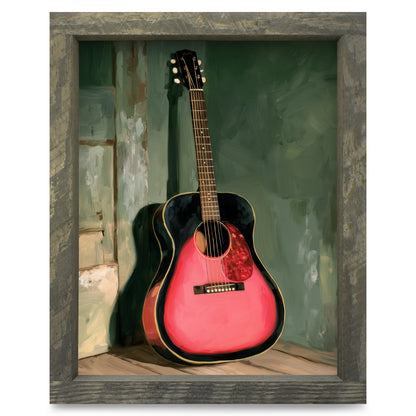 Pink Guitar in the Corner | Real Wood Framed Wall Art Print