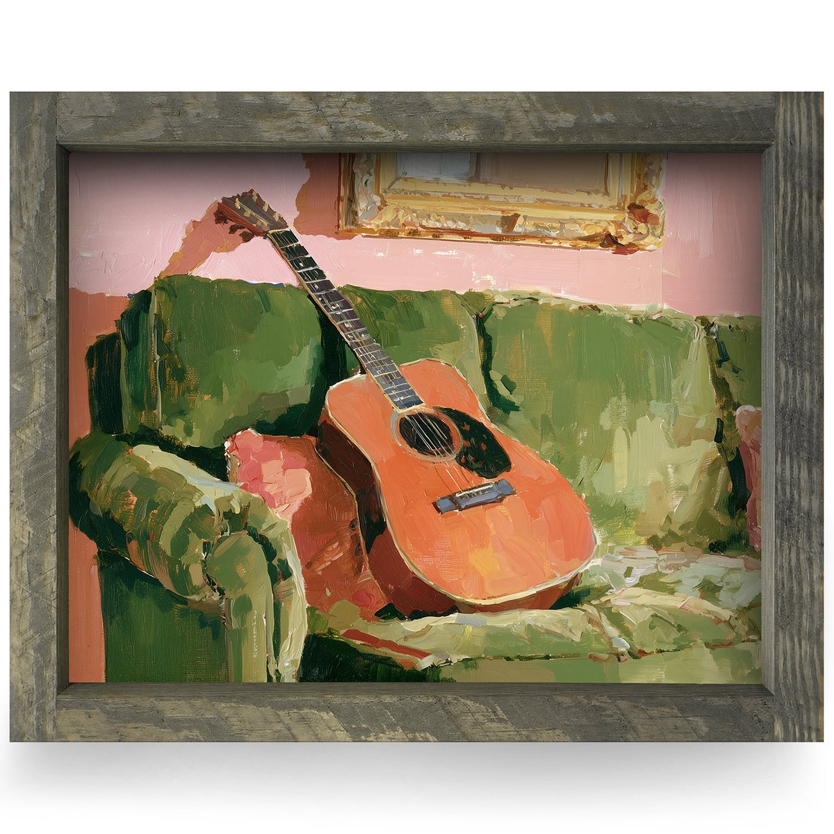 Guitar on the Green Sofa | Real Wood Framed Wall Art Print