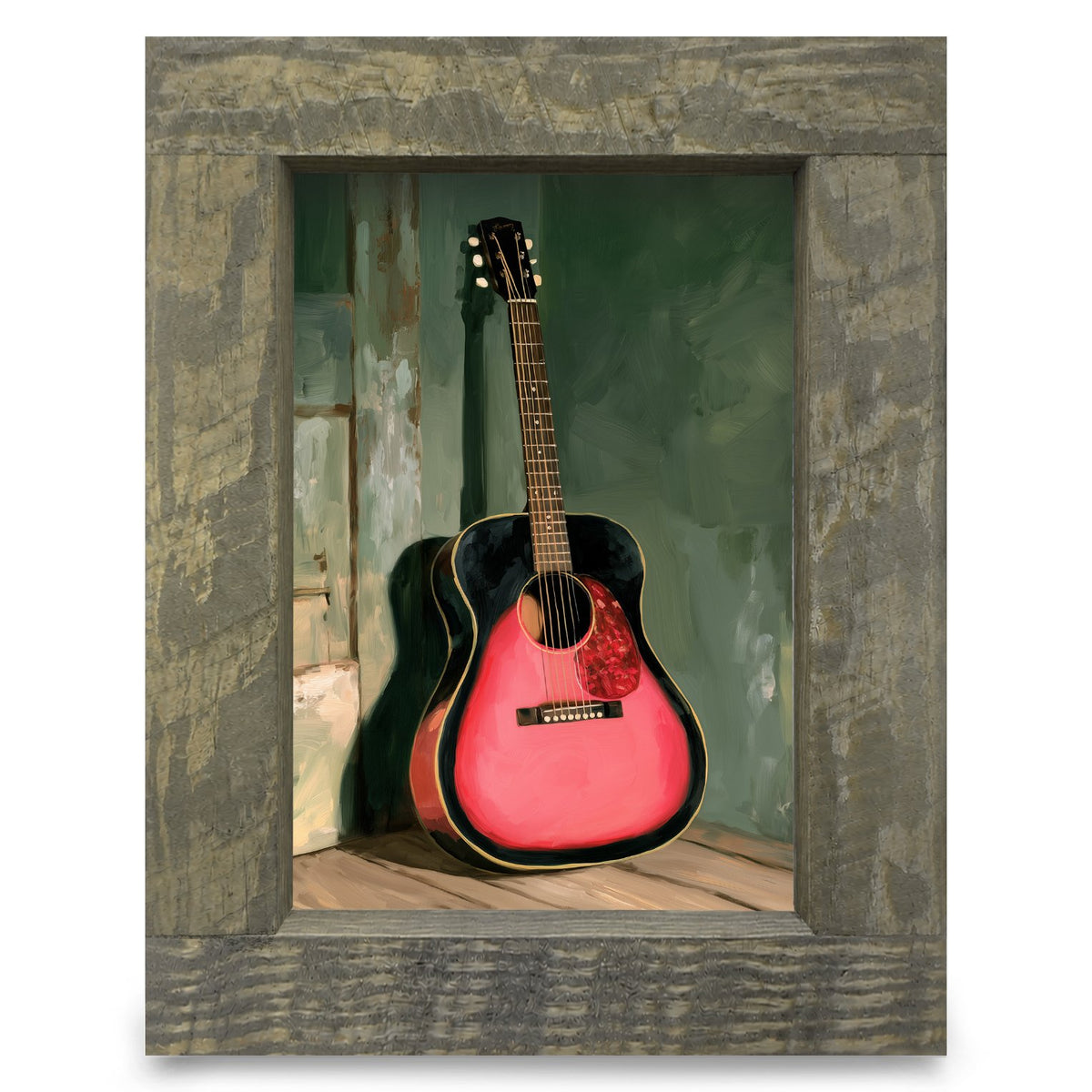 Pink Guitar in the Corner | Real Wood Framed Wall Art Print