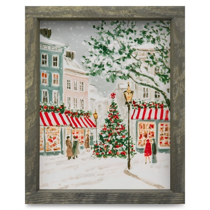 Snowy Christmas Village Street | Real Wood Framed Wall Art Print
