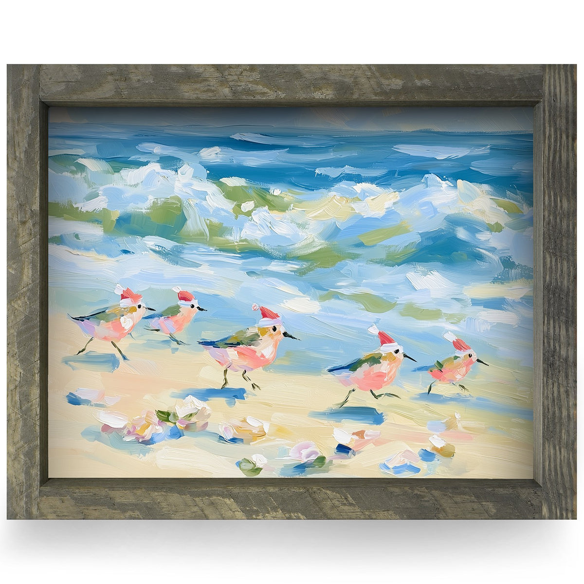 Santa Hat Sandpipers | Real Wood Framed Wall Art Print
