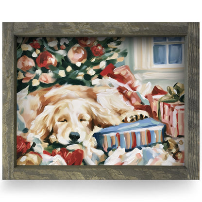 Golden Retriever Christmas Nap | Real Wood Framed Wall Art Print