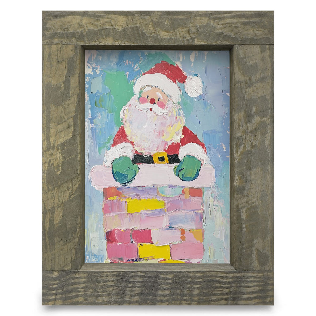Cute Chimney Santa | Real Wood Framed Wall Art Print