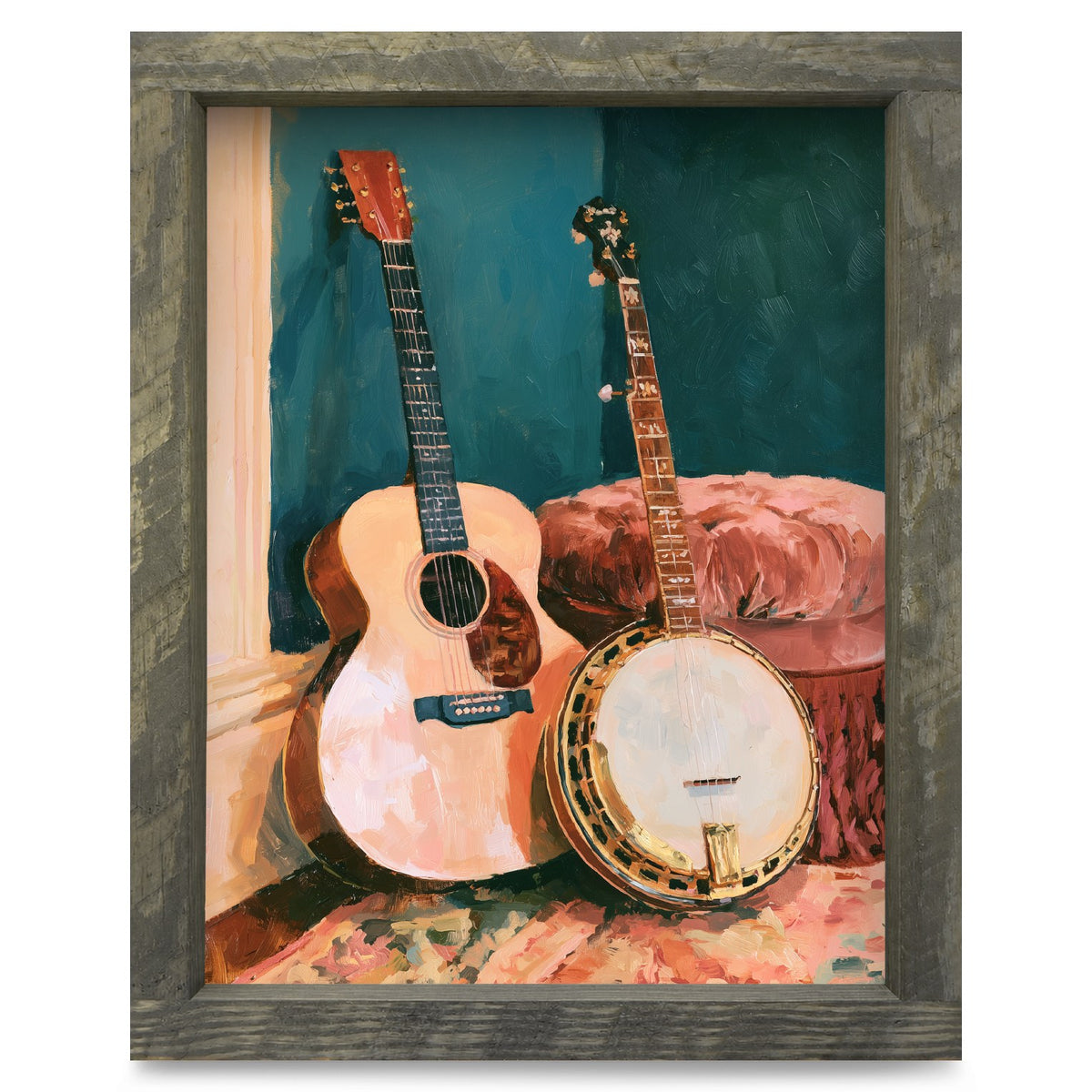 Guitar and Banjo Corner | Real Wood Framed Wall Art Print
