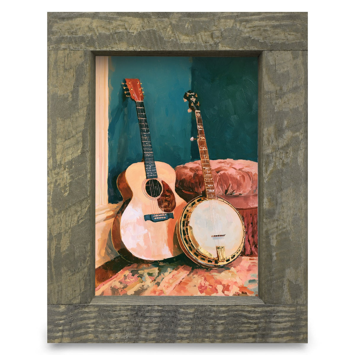 Guitar and Banjo Corner | Real Wood Framed Wall Art Print