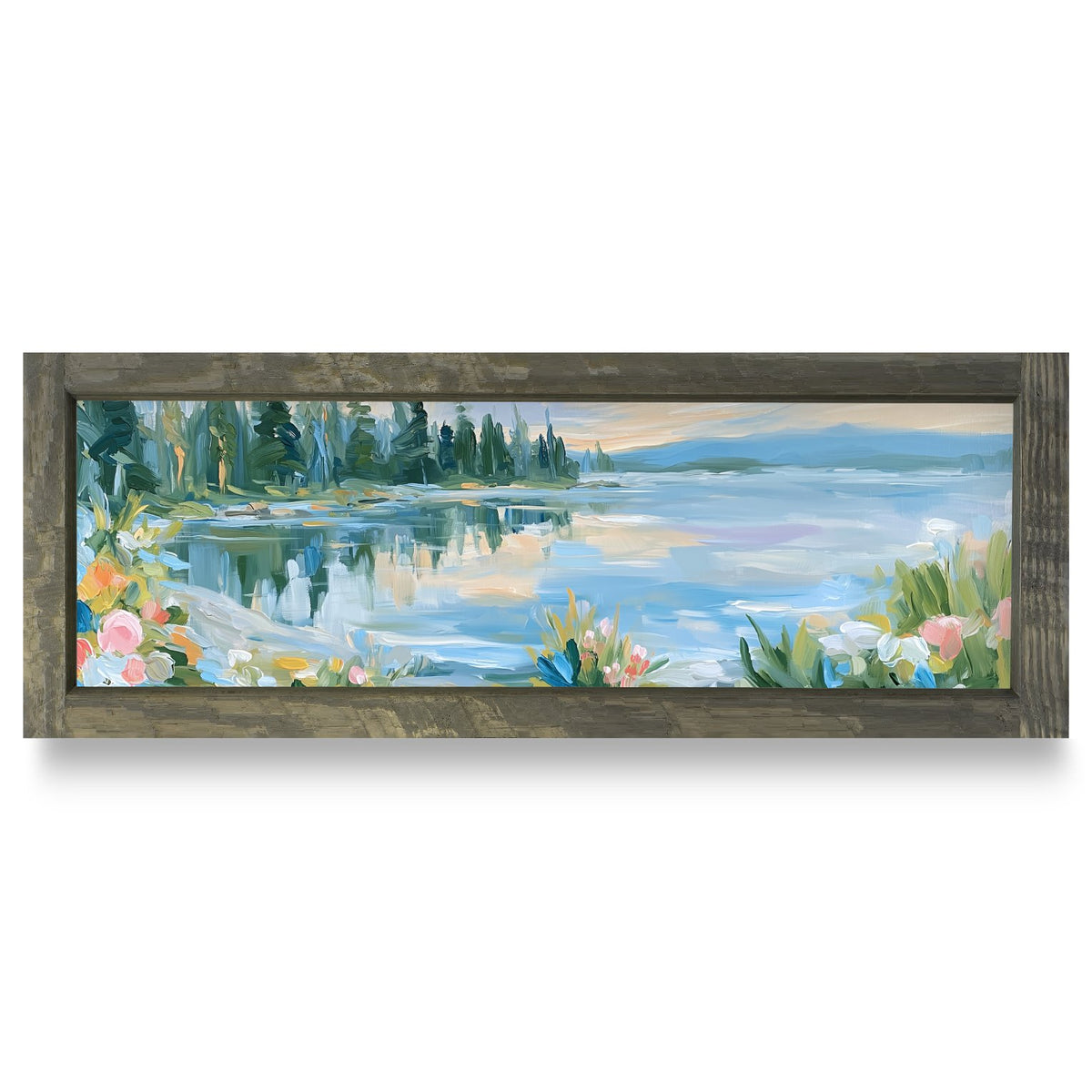 Wildflower Lake Morning | Real Wood Framed Wall Art Print | Skinny