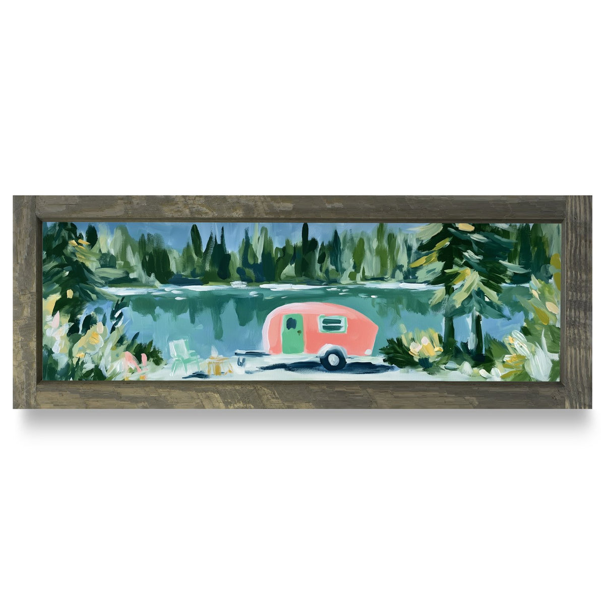 Vintage Camper By The Lake | Real Wood Framed Wall Art Print | Skinny