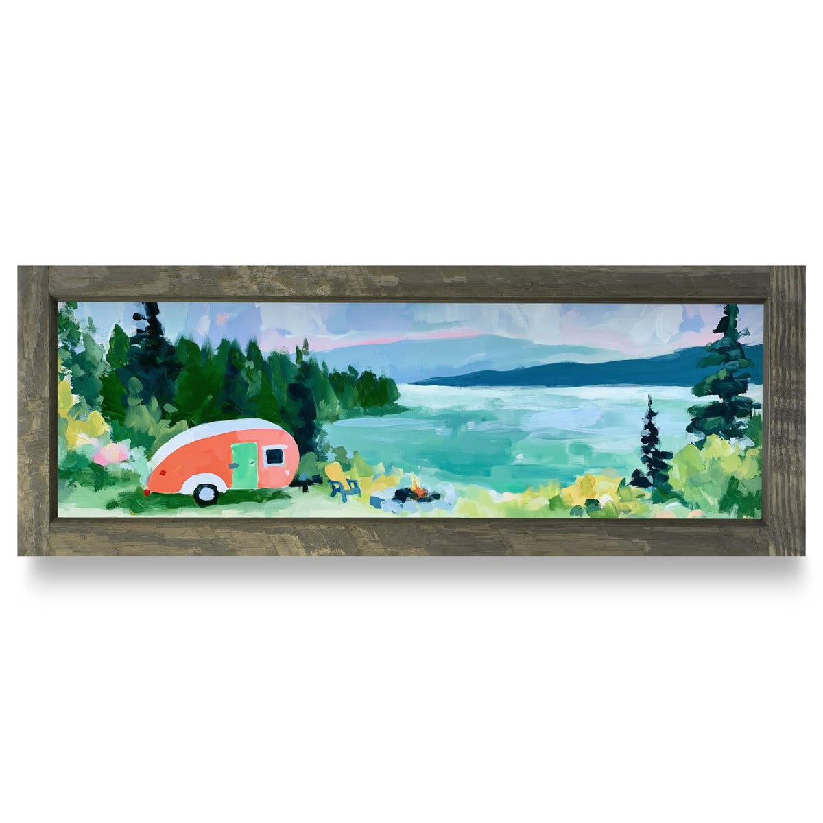 Camper Lake Overlook | Real Wood Framed Wall Art Print | Skinny