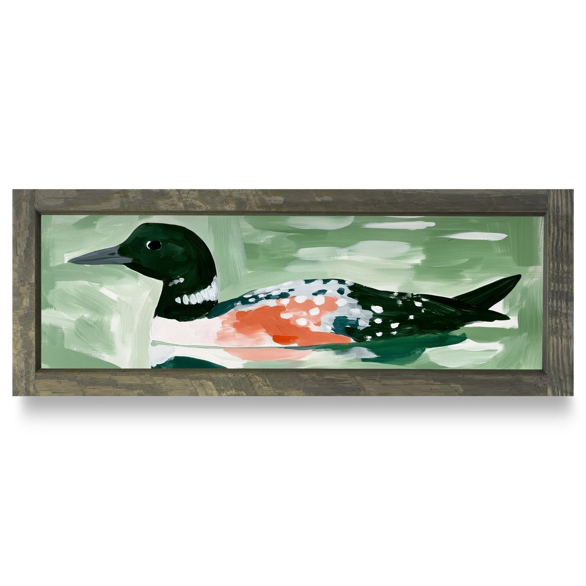 Loon On Green Water | Real Wood Framed Wall Art Print | Skinny