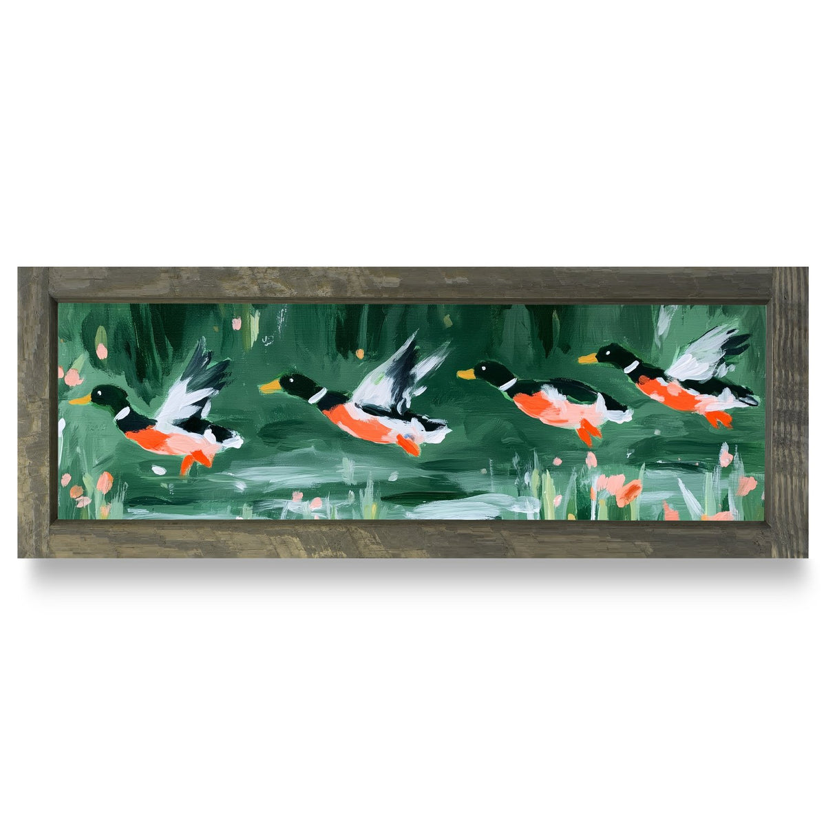 Mallards In Flight | Real Wood Framed Wall Art Print | Skinny