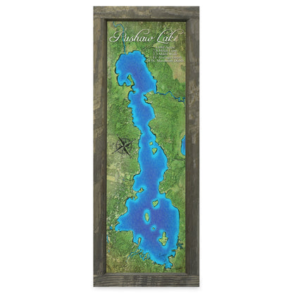 Pushaw Lake, Maine Map | Real Wood Framed Wall Art Print
