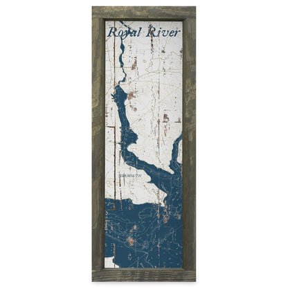 Royal River, Maine Navy & White Shabby Map | Real Wood Framed Wall Art Print