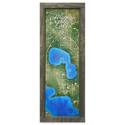 Higgins Lake, Michigan Map | Real Wood Framed Wall Art Print
