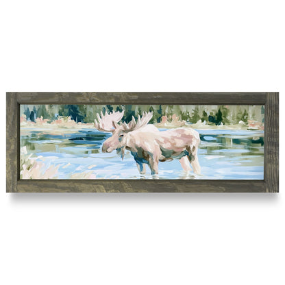 Moose In The Shallows | Real Wood Framed Wall Art Print | Skinny