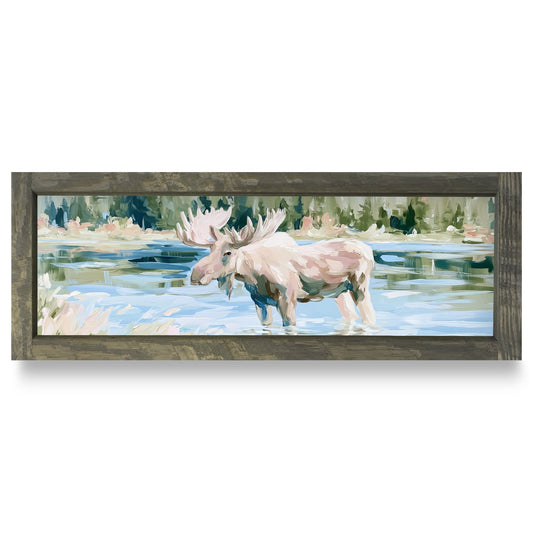 Moose In The Shallows | Real Wood Framed Wall Art Print | Skinny