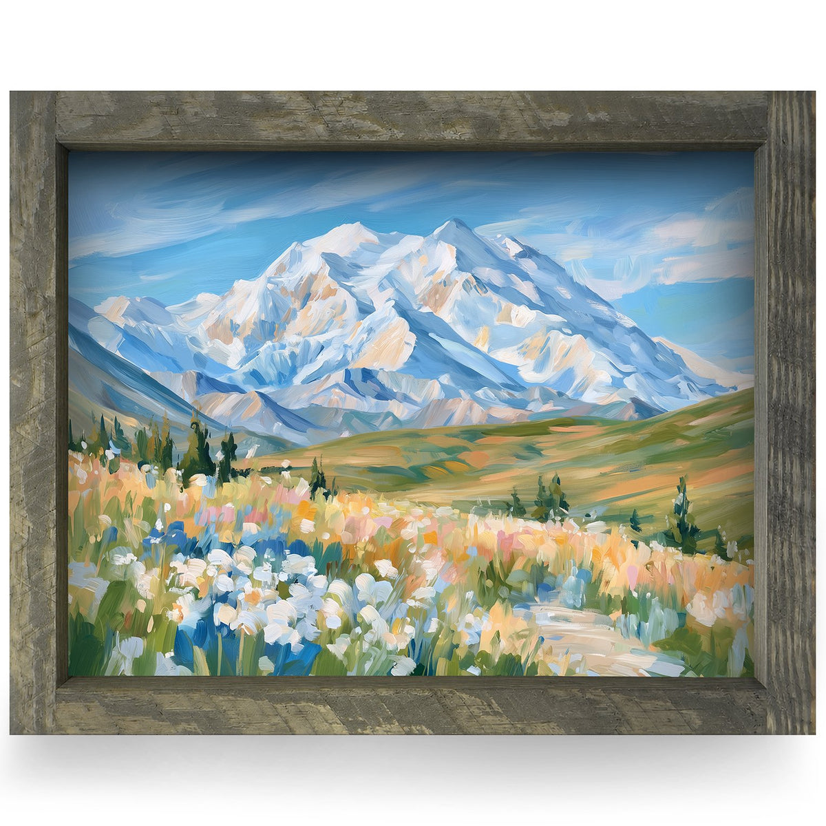 Snowcapped Mountain Meadow | Real Wood Framed Wall Art Print