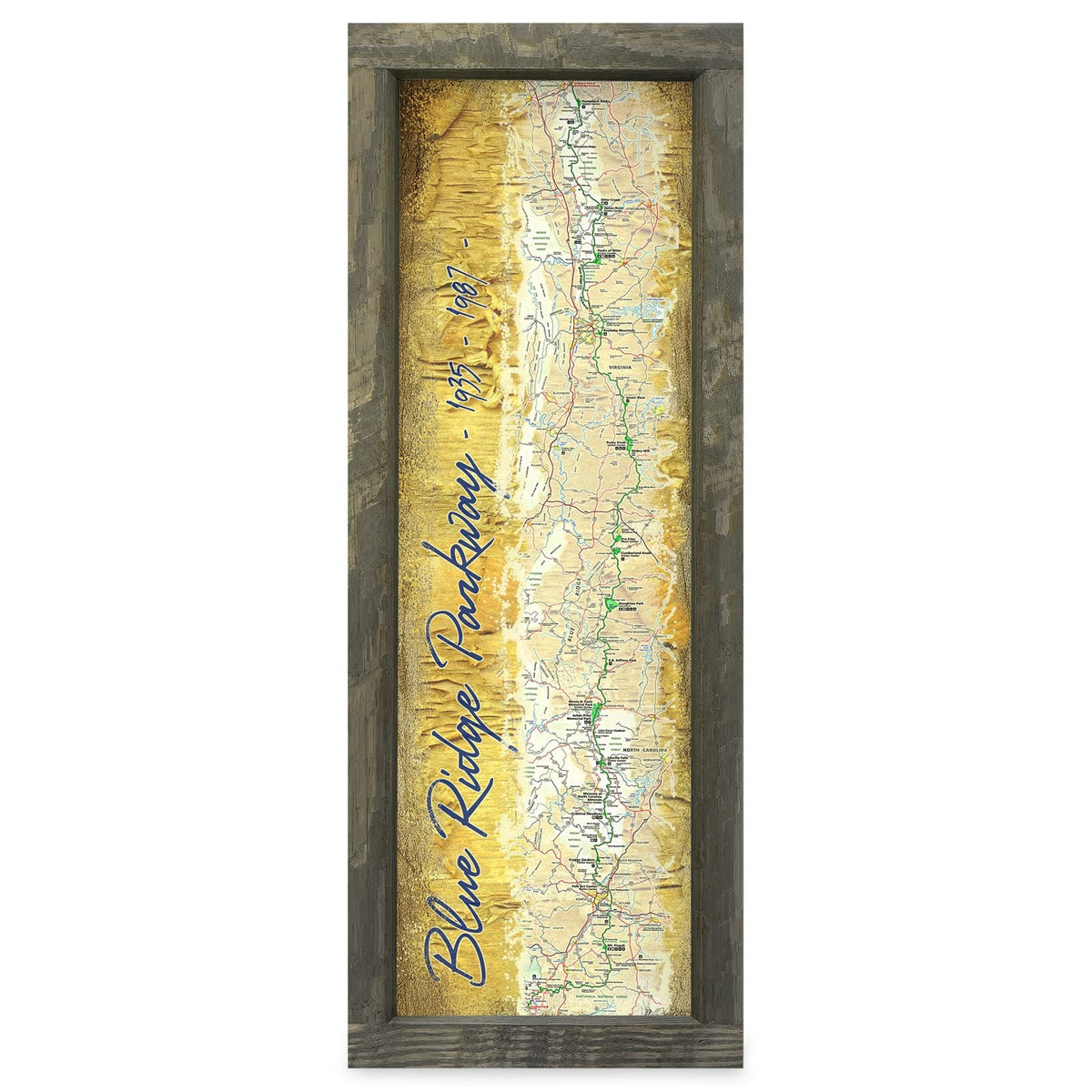 Blue Ridge Parkway Golden Map | Real Wood Framed Wall Art Print