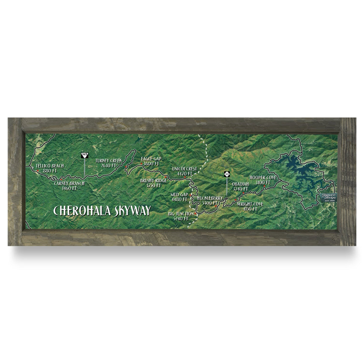 Cherohala Skyway, North Carolina Map | Real Wood Framed Wall Art Print