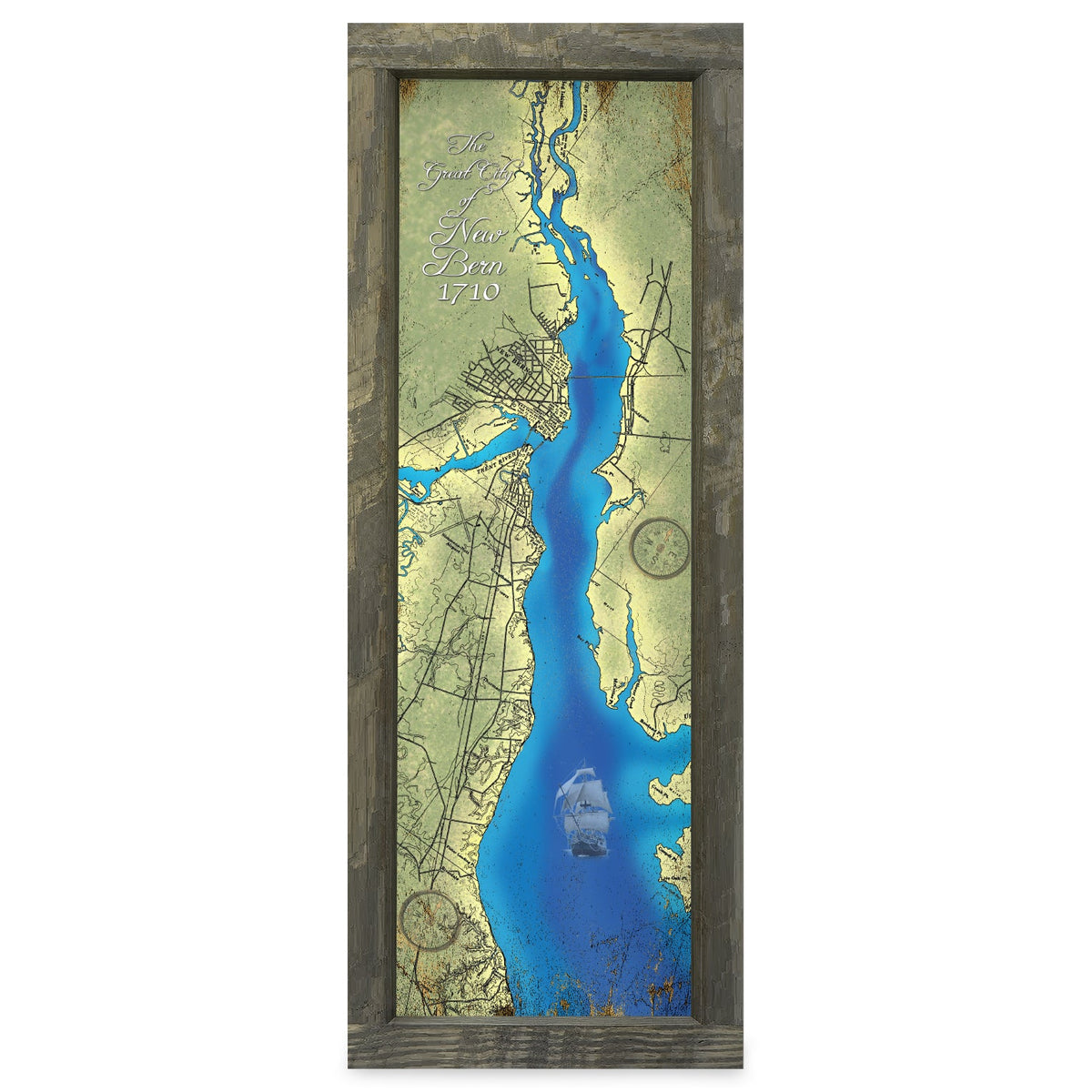 New Bern, North Carolina Map | Real Wood Framed Wall Art Print