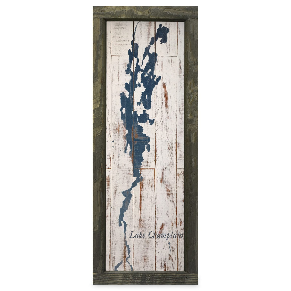 Lake Champlain Navy & White Shabby Map | Real Wood Framed Wall Art Print