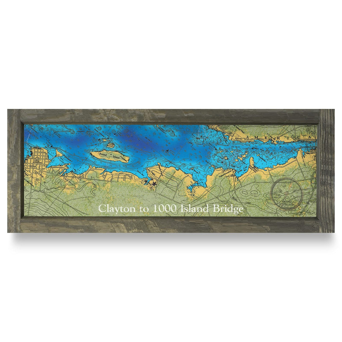 Clayton to Thousand Islands Bridge, New York Map | Real Wood Framed Wall Art Print