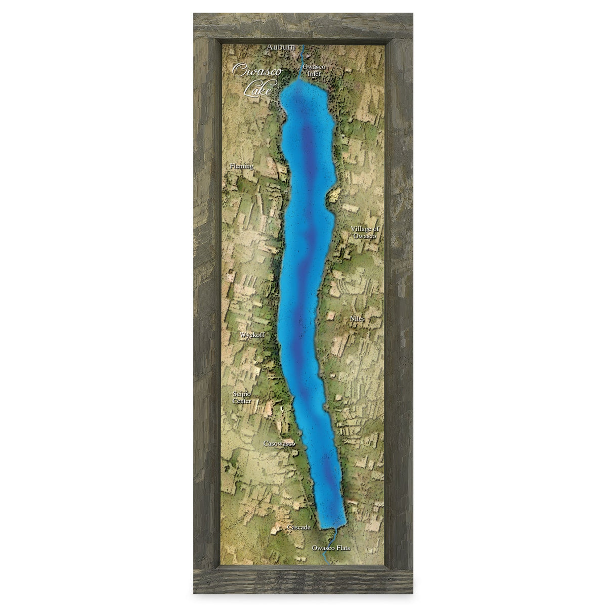 Owasco Lake, New York Map | Real Wood Framed Wall Art Print