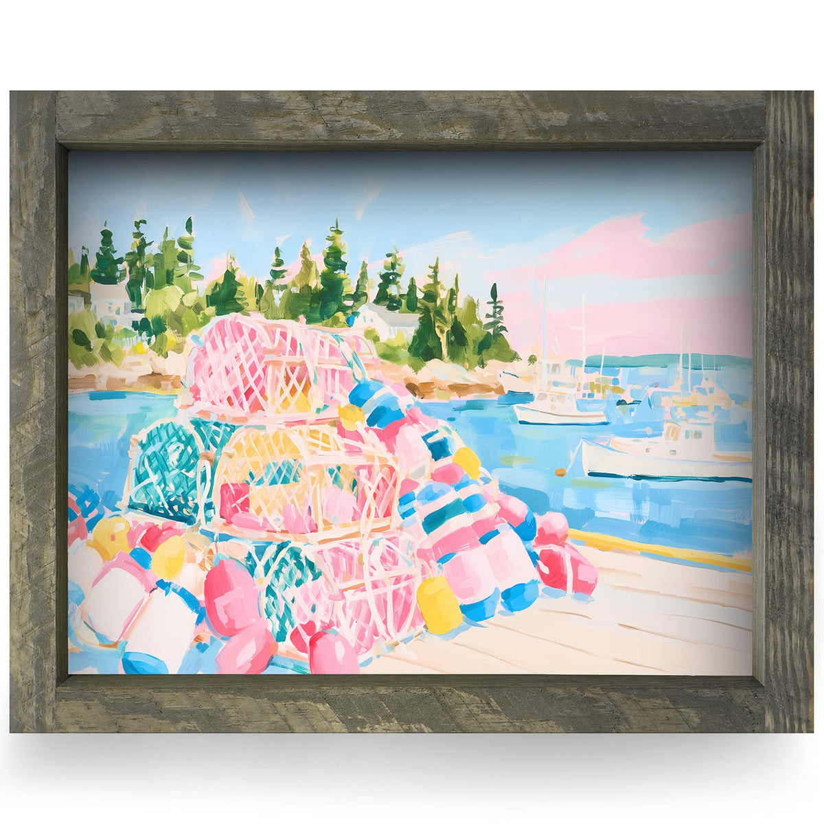 Lobster Traps by the Pines | Real Wood Framed Wall Art Print