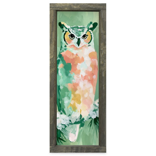 Sage Green Owl | Real Wood Framed Wall Art Print | Skinny
