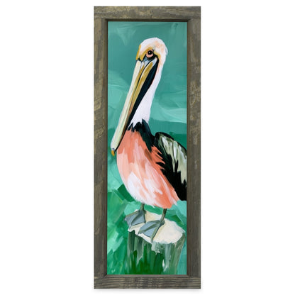 Pelican On A Piling | Real Wood Framed Wall Art Print | Skinny
