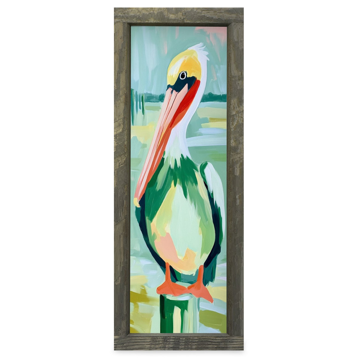 Sea Glass Pelican | Real Wood Framed Wall Art Print | Skinny