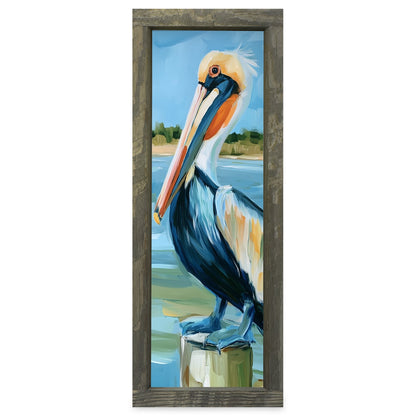 Harbor Pelican Perch | Real Wood Framed Wall Art Print | Skinny