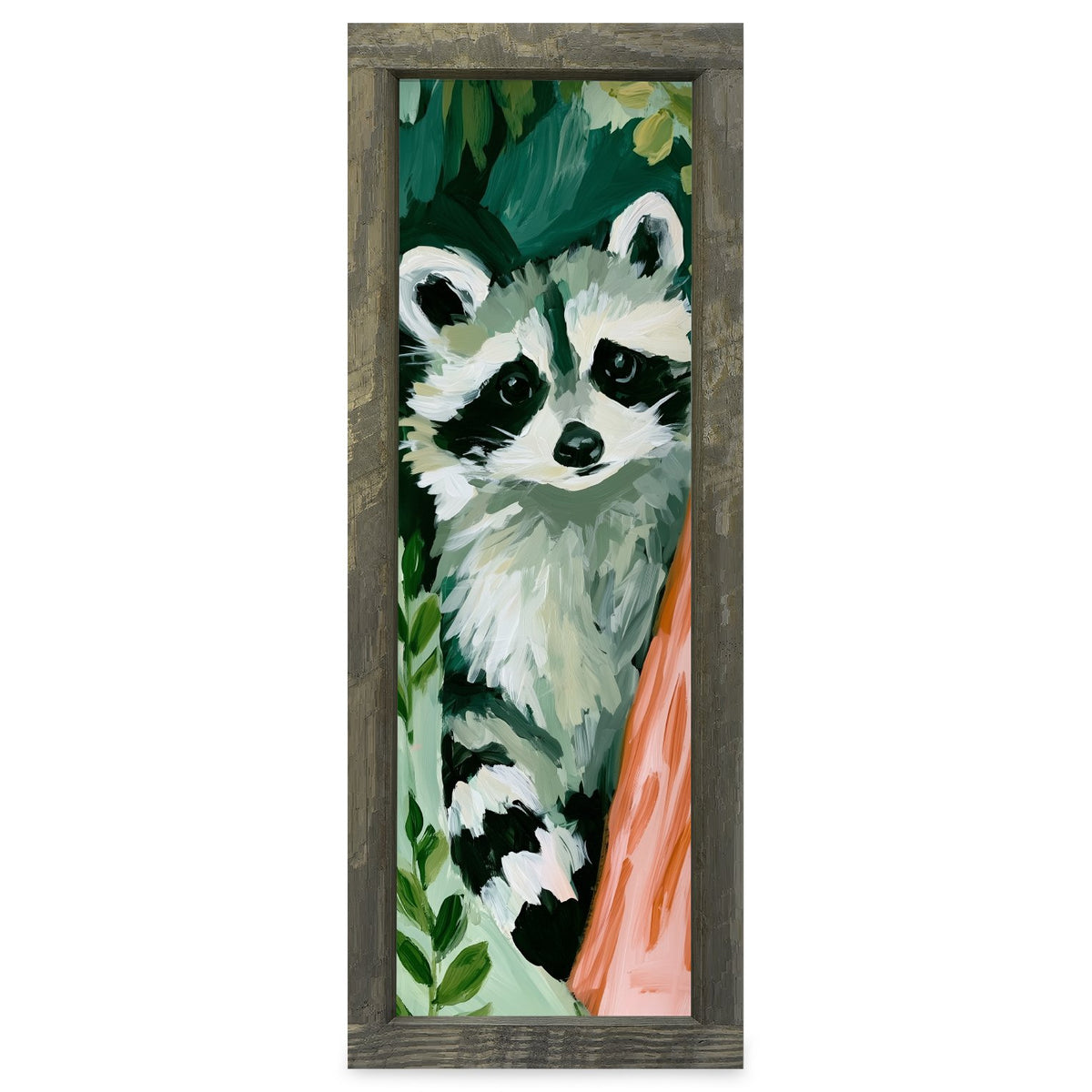 Curious Garden Raccoon | Real Wood Framed Wall Art Print | Skinny