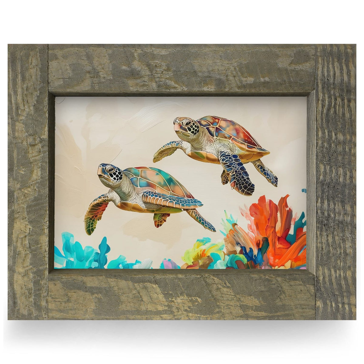 Colorful Sea Turtle Duo | Real Wood Framed Wall Art Print