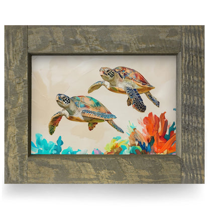 Colorful Sea Turtle Duo | Real Wood Framed Wall Art Print