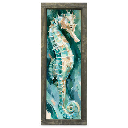 Teal Seahorse | Real Wood Framed Wall Art Print | Skinny