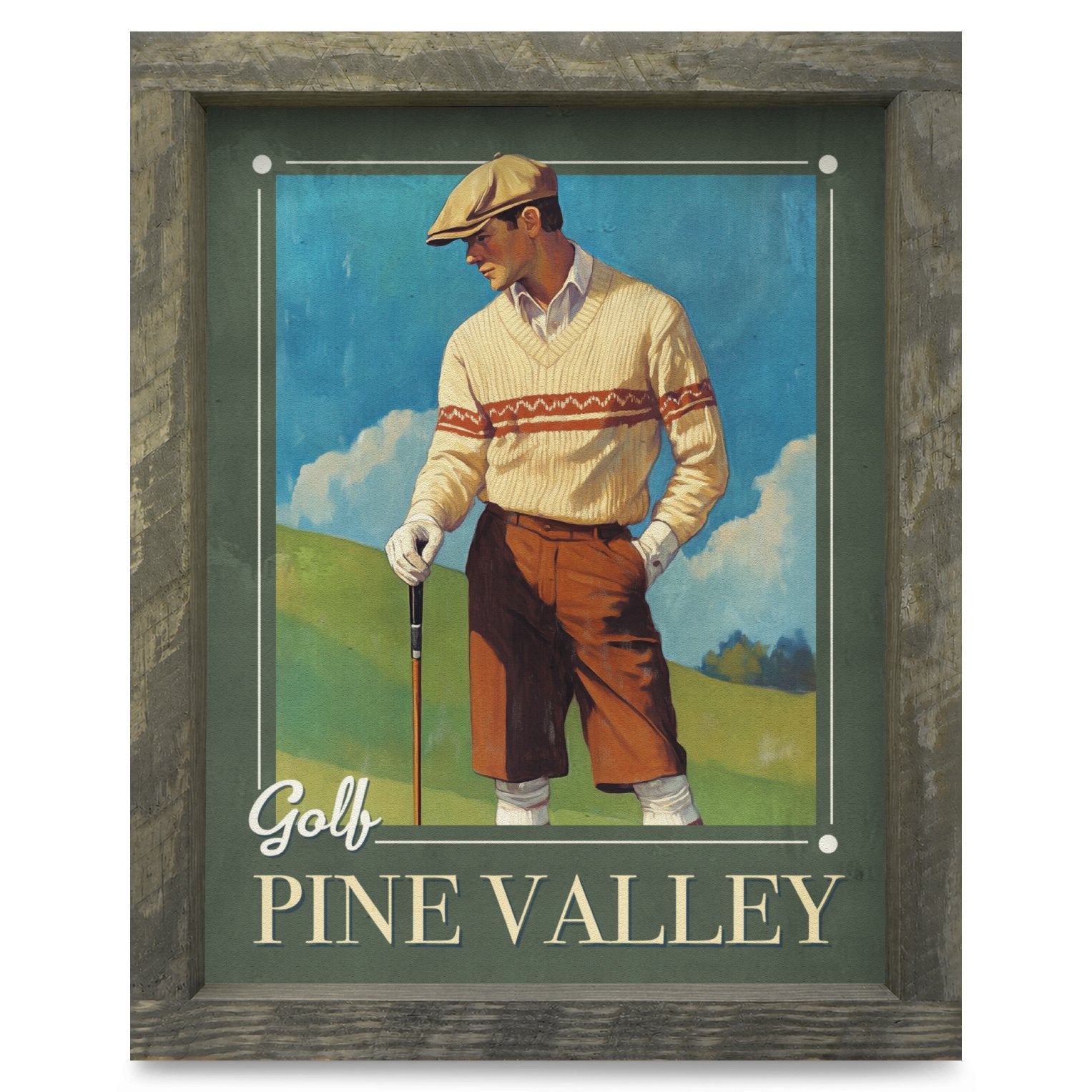 Customizable Vintage Golfer | Real Wood Framed Wall Art Print