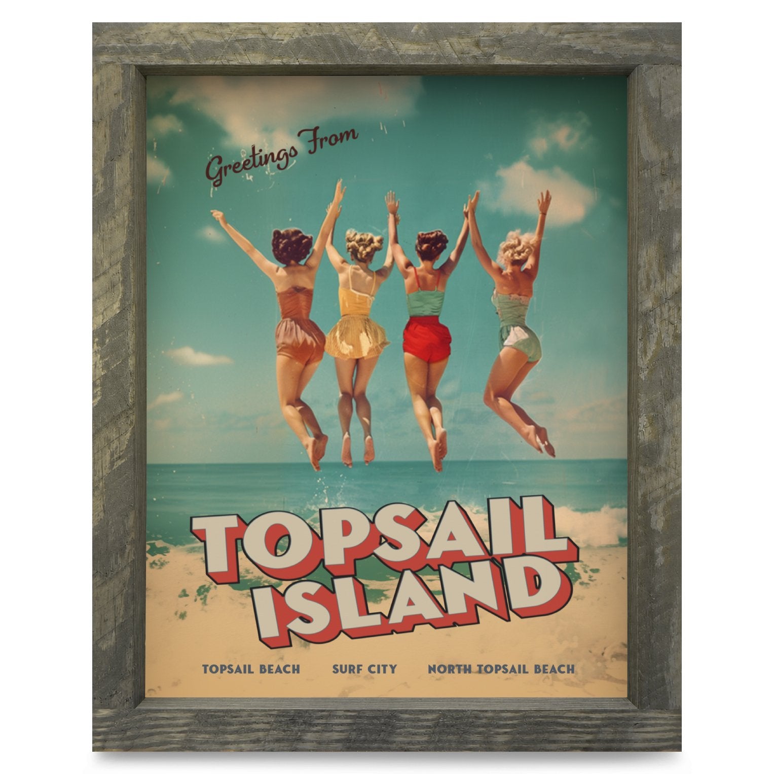Customizable Vintage Jumping Beach Girls | Real Wood Framed Wall