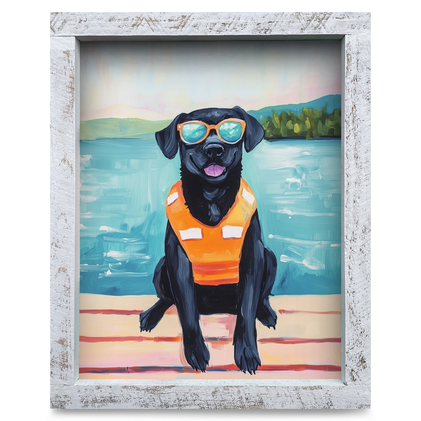 Black Lab Lake Dog | Real Wood Framed Wall Art Print