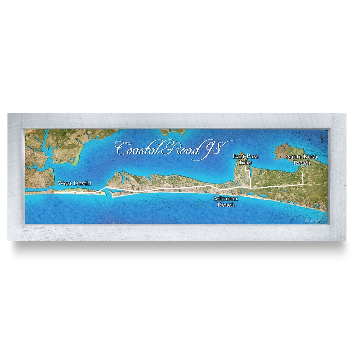Coastal Road 98, Florida Map | Real Wood Framed Wall Art Print