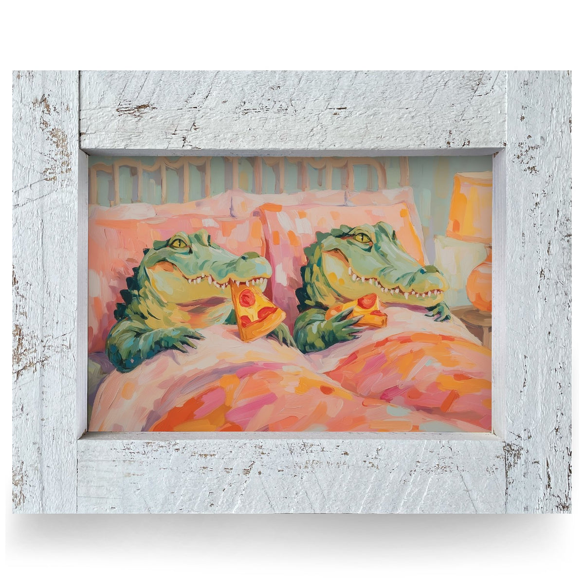 Pizza Party Alligators | Real Wood Framed Wall Art Print
