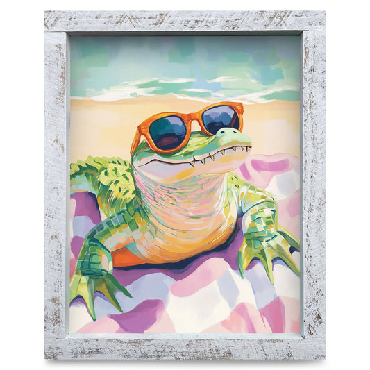 Beach Day Alligator | Real Wood Framed Wall Art Print