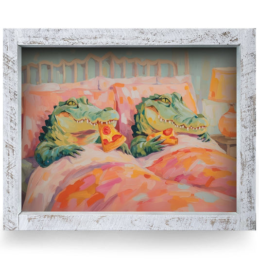 Pizza Party Alligators | Real Wood Framed Wall Art Print