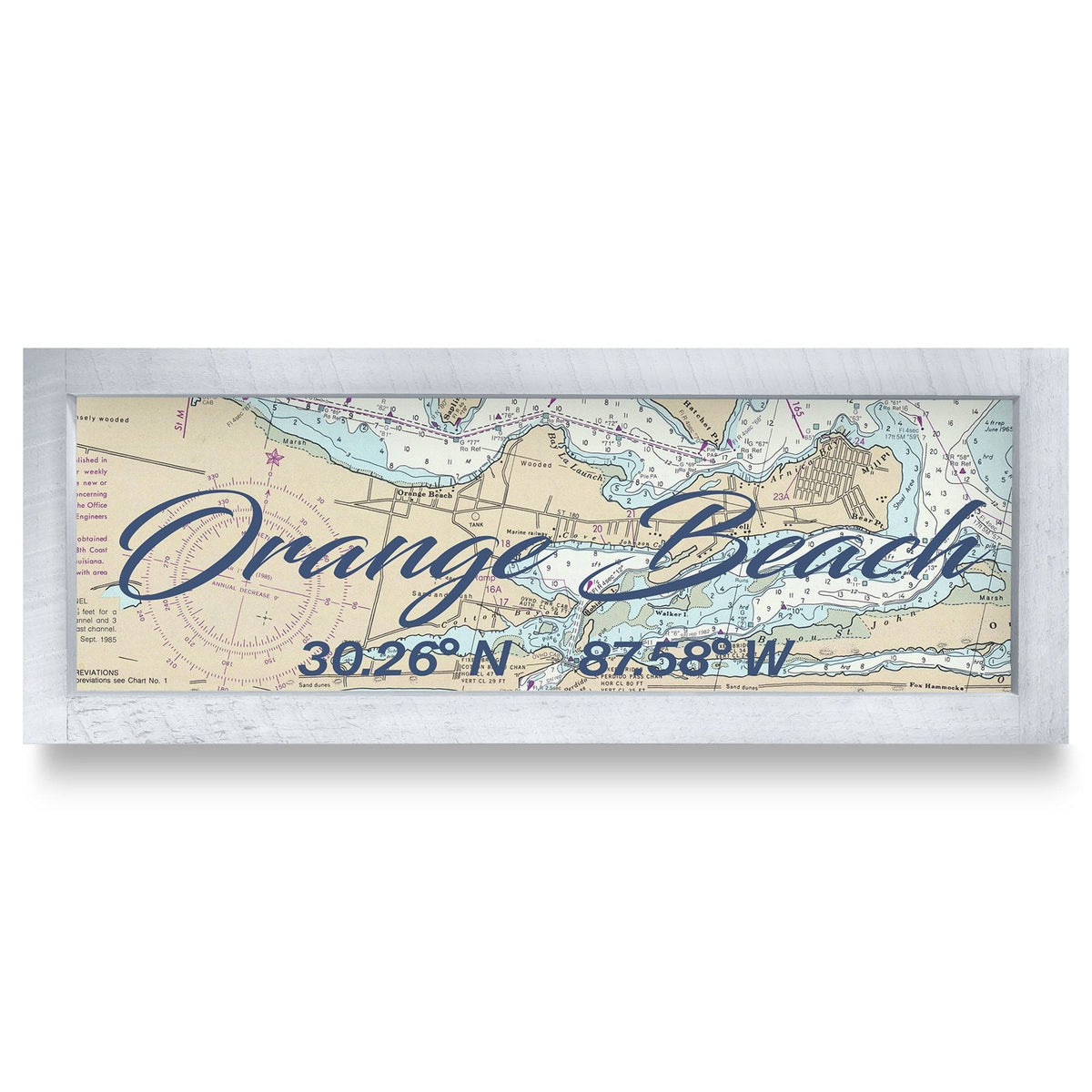 Orange Beach, Alabama Bold Latitude Longitude Chart Map | Real Wood Framed Wall Art Print